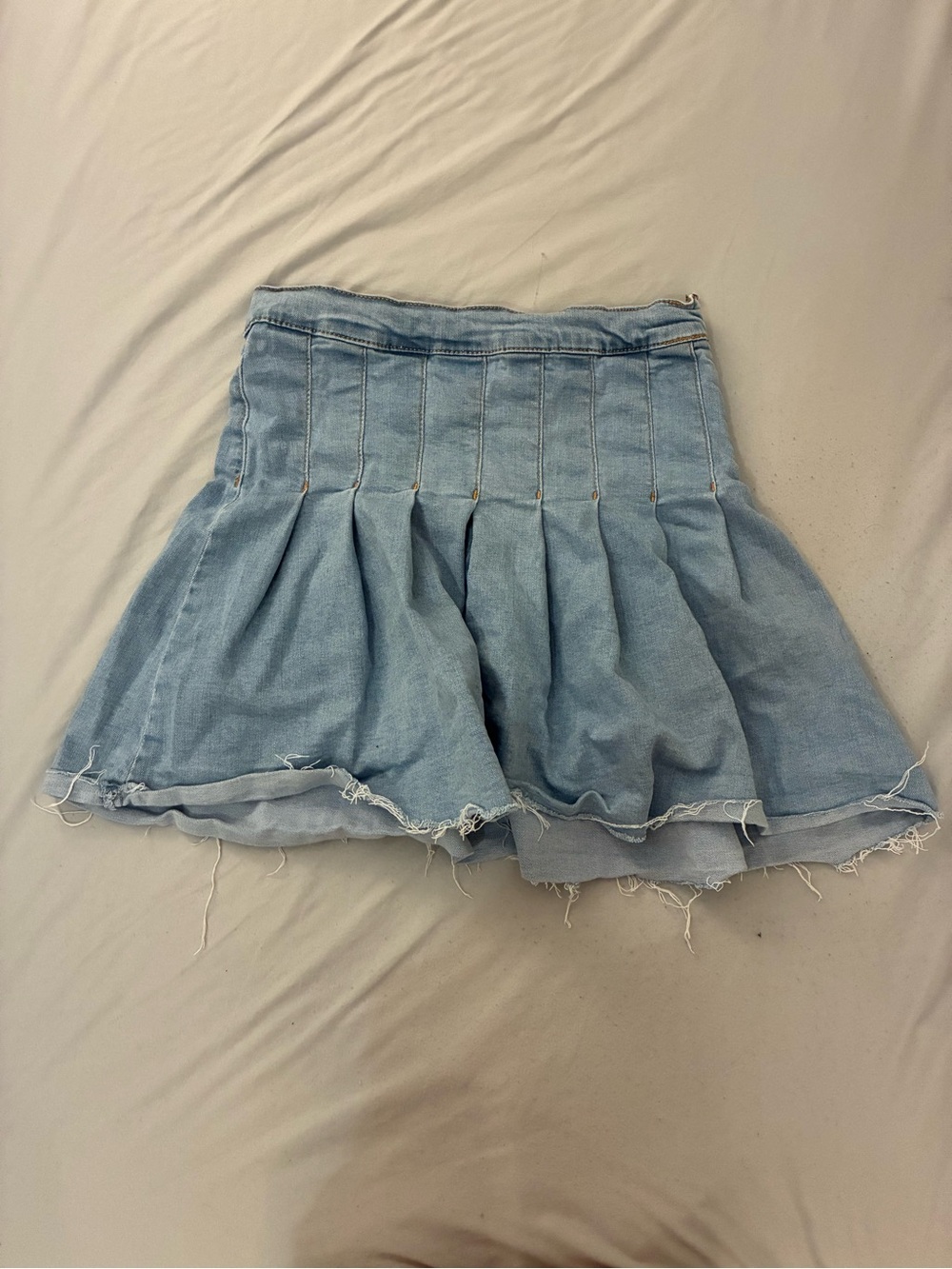 Light Blue Denim Mini Skirt with Pleated Flare